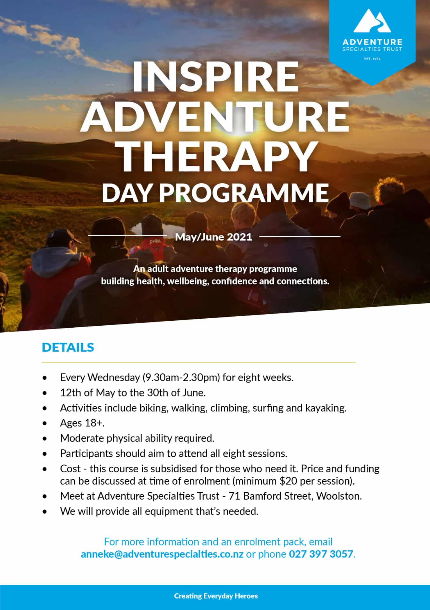 Inspire - adventure therapy programme for adults in Christchurch - May 2021